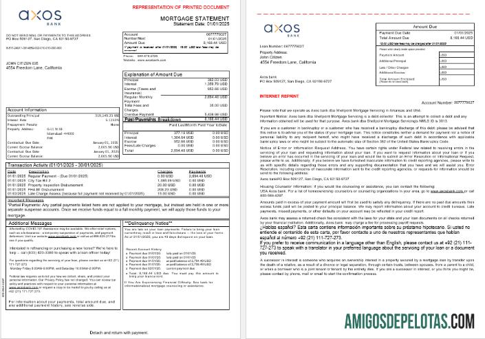 Extrato de hipoteca do USA Axos Bank em formatos Word e PDF, 3 páginas 1 2 baixar para verificação